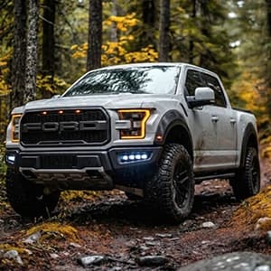 Picape em trilha de floresta para campanha automotiva.